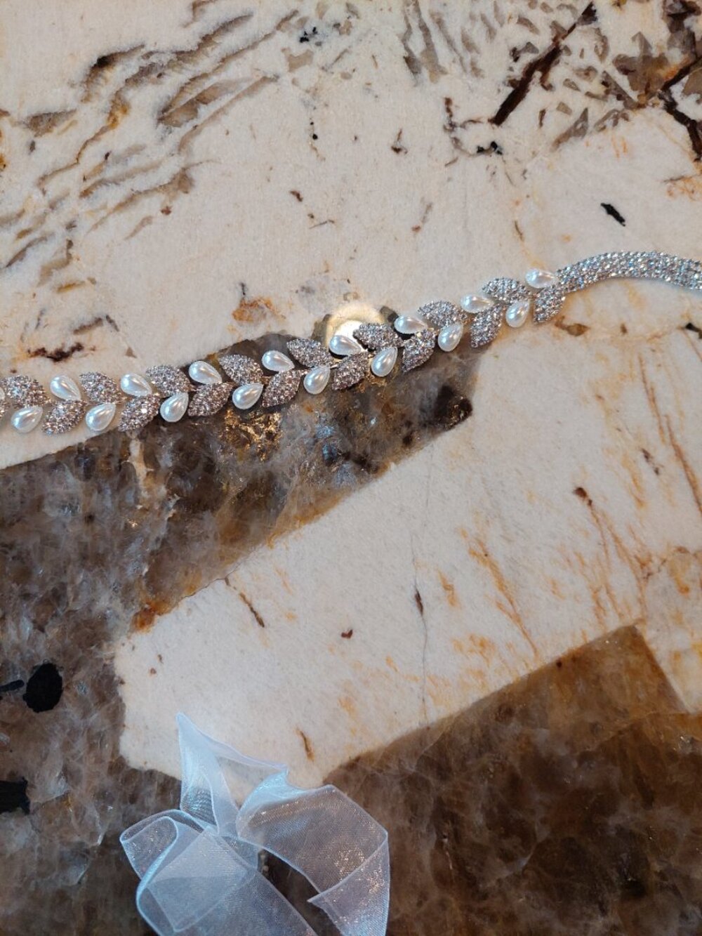 Rhinestone Leaf and Pearl Wedding BridalDress Bling Belt Ties at waist open size - Picture 2 of 8